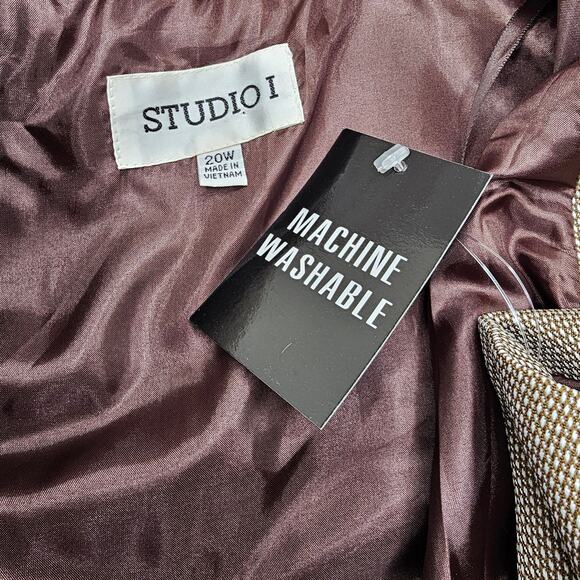 Studio I Womans size 20W Open Front Blazer Brown & White Twill Cropped Lined NEW - Picture 6 of 8